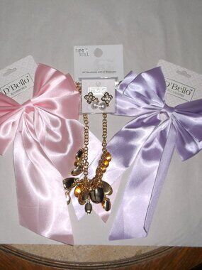 NWT Gold Statement Necklace Gift Set – Time & Tru + Bows & Pearl Earrings (4‑Pc)
